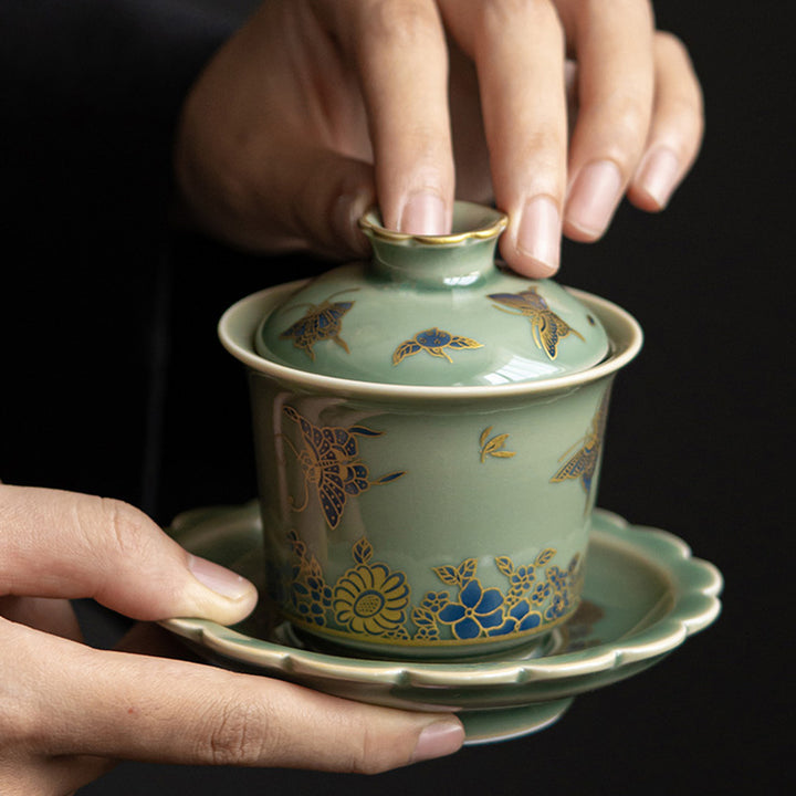 Buddha Stones Porcelaine Verte Papillon Fleur Saumon Poisson Céramique Gaiwan Sancai Tasse à Thé Kung Fu Tasse à Thé Et Soucoupe Avec Couvercle