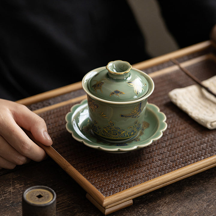 Buddha Stones Porcelaine Verte Papillon Fleur Saumon Poisson Céramique Gaiwan Sancai Tasse à Thé Kung Fu Tasse à Thé Et Soucoupe Avec Couvercle