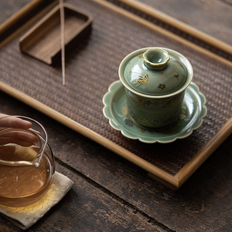 Buddha Stones Porcelaine Verte Papillon Fleur Saumon Poisson Céramique Gaiwan Sancai Tasse à Thé Kung Fu Tasse à Thé Et Soucoupe Avec Couvercle