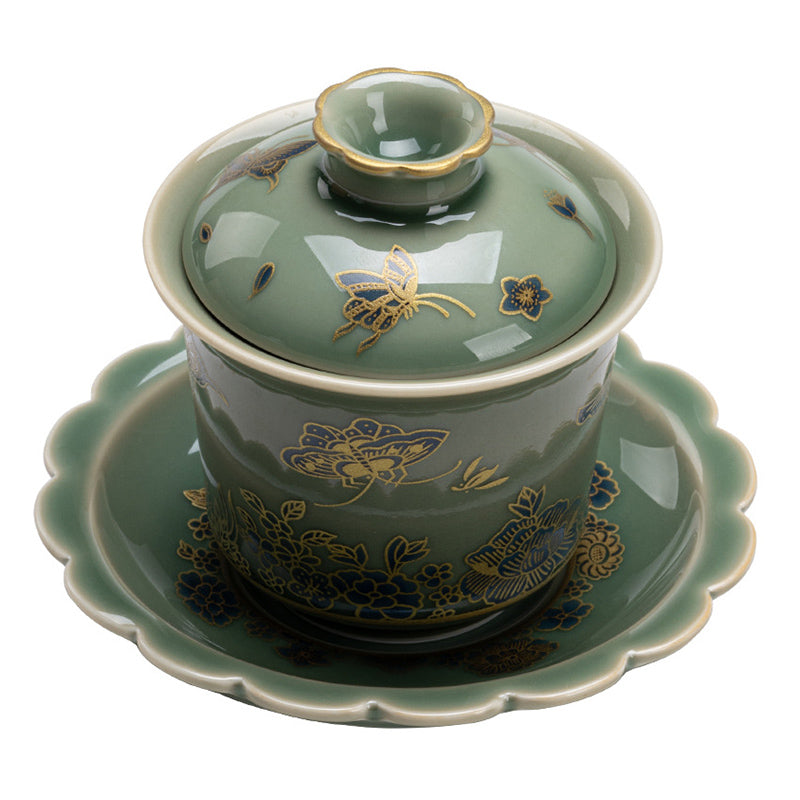 Buddha Stones Porcelaine Verte Papillon Fleur Saumon Poisson Céramique Gaiwan Sancai Tasse à Thé Kung Fu Tasse à Thé Et Soucoupe Avec Couvercle