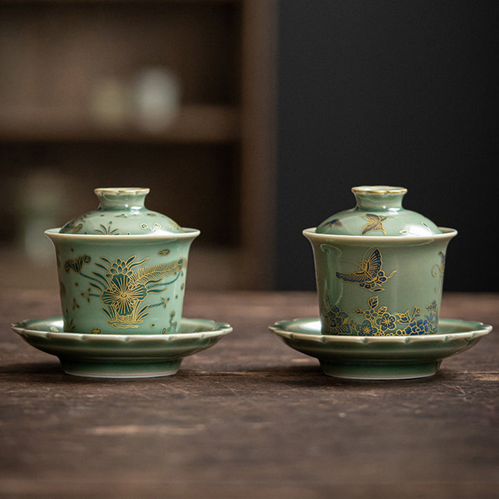 Buddha Stones Porcelaine Verte Papillon Fleur Saumon Poisson Céramique Gaiwan Sancai Tasse à Thé Kung Fu Tasse à Thé Et Soucoupe Avec Couvercle