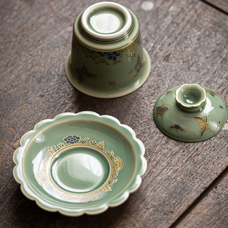 Buddha Stones Porcelaine Verte Papillon Fleur Saumon Poisson Céramique Gaiwan Sancai Tasse à Thé Kung Fu Tasse à Thé Et Soucoupe Avec Couvercle