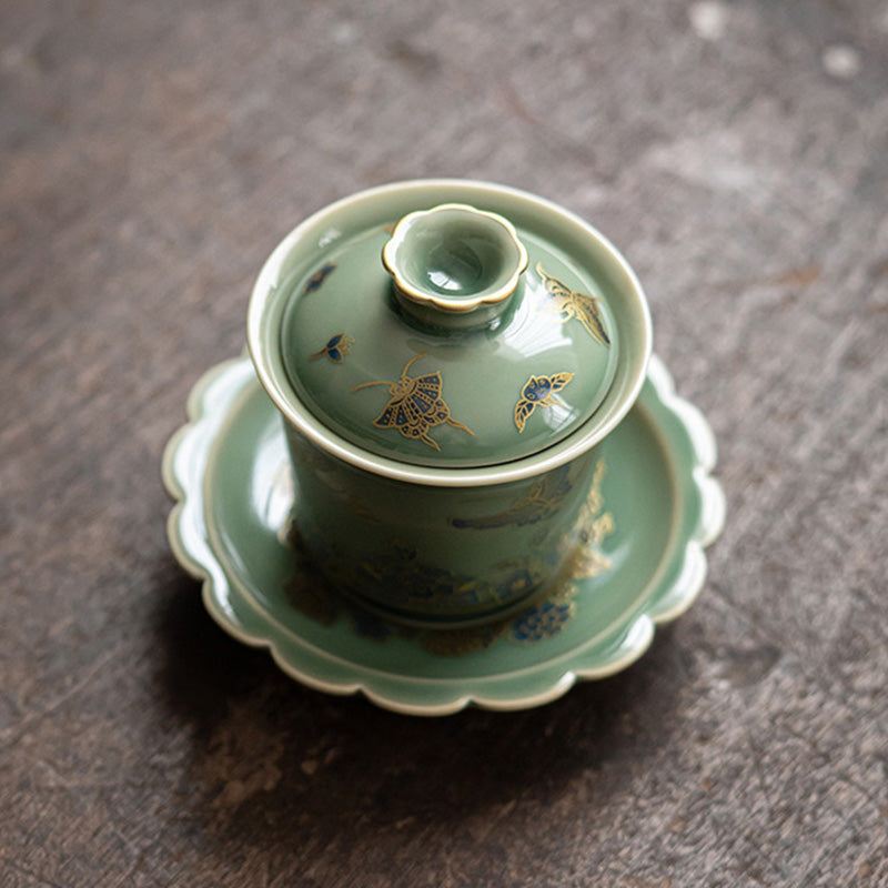 Buddha Stones Porcelaine Verte Papillon Fleur Saumon Poisson Céramique Gaiwan Sancai Tasse à Thé Kung Fu Tasse à Thé Et Soucoupe Avec Couvercle