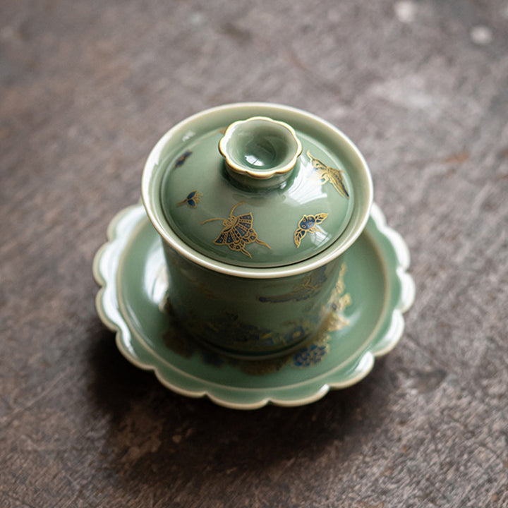Buddha Stones Porcelaine Verte Papillon Fleur Saumon Poisson Céramique Gaiwan Sancai Tasse à Thé Kung Fu Tasse à Thé Et Soucoupe Avec Couvercle