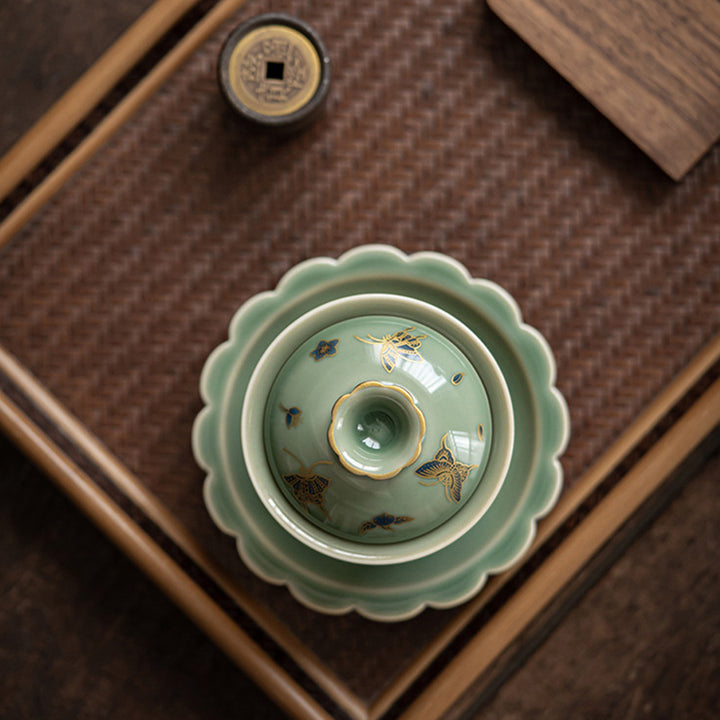 Buddha Stones Porcelaine Verte Papillon Fleur Saumon Poisson Céramique Gaiwan Sancai Tasse à Thé Kung Fu Tasse à Thé Et Soucoupe Avec Couvercle