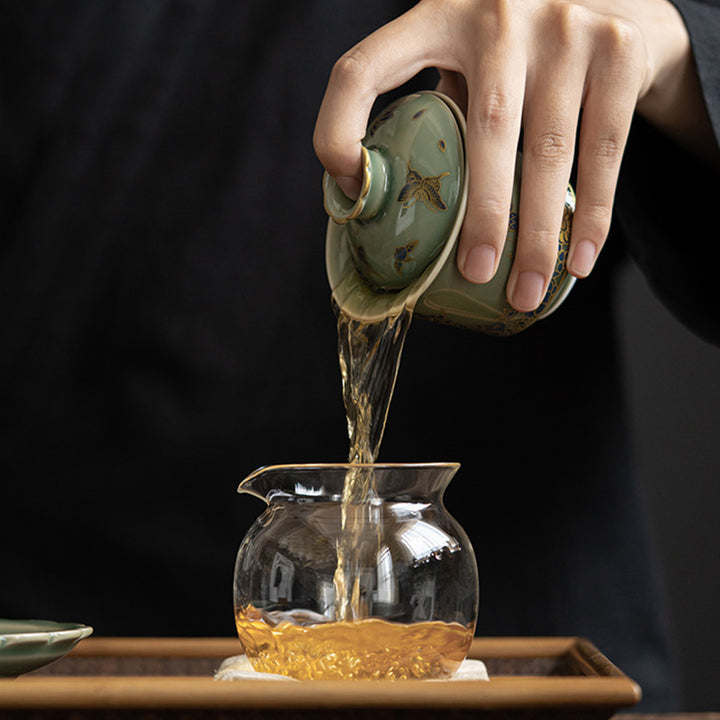 Buddha Stones Porcelaine Verte Papillon Fleur Saumon Poisson Céramique Gaiwan Sancai Tasse à Thé Kung Fu Tasse à Thé Et Soucoupe Avec Couvercle