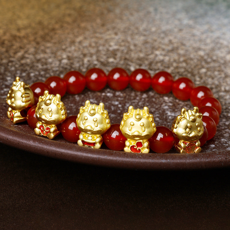 Bracelet de protection en cuivre avec Buddha Stones Année du Dragon en agate rouge naturelle et personnage Fu