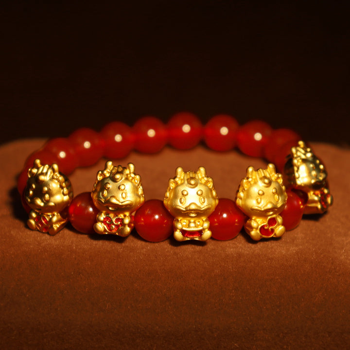 Bracelet de protection en cuivre avec Buddha Stones Année du Dragon en agate rouge naturelle et personnage Fu