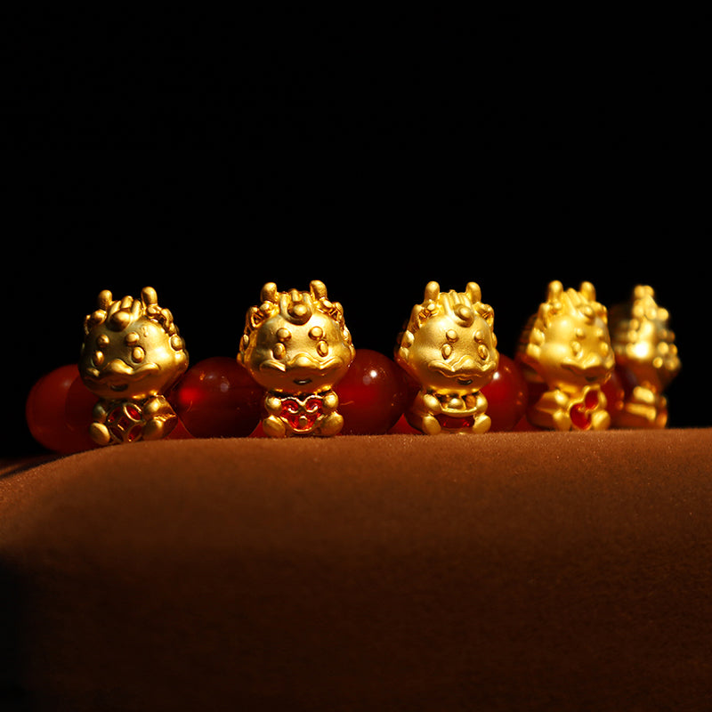 Bracelet de protection en cuivre avec Buddha Stones Année du Dragon en agate rouge naturelle et personnage Fu