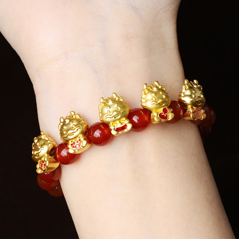 Bracelet de protection en cuivre avec Buddha Stones Année du Dragon en agate rouge naturelle et personnage Fu