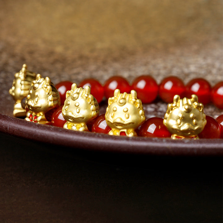 Bracelet de protection en cuivre avec Buddha Stones Année du Dragon en agate rouge naturelle et personnage Fu