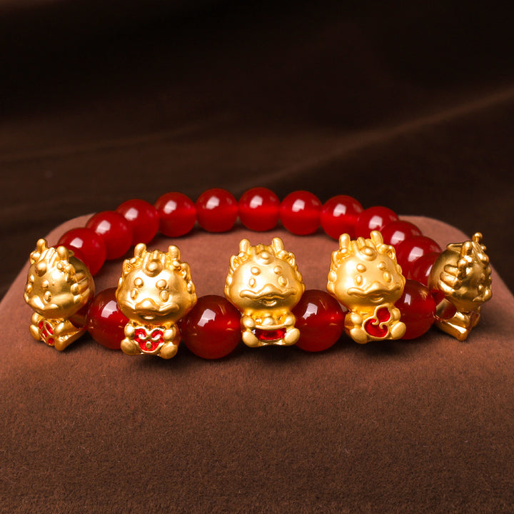 Bracelet de protection en cuivre avec Buddha Stones Année du Dragon en agate rouge naturelle et personnage Fu