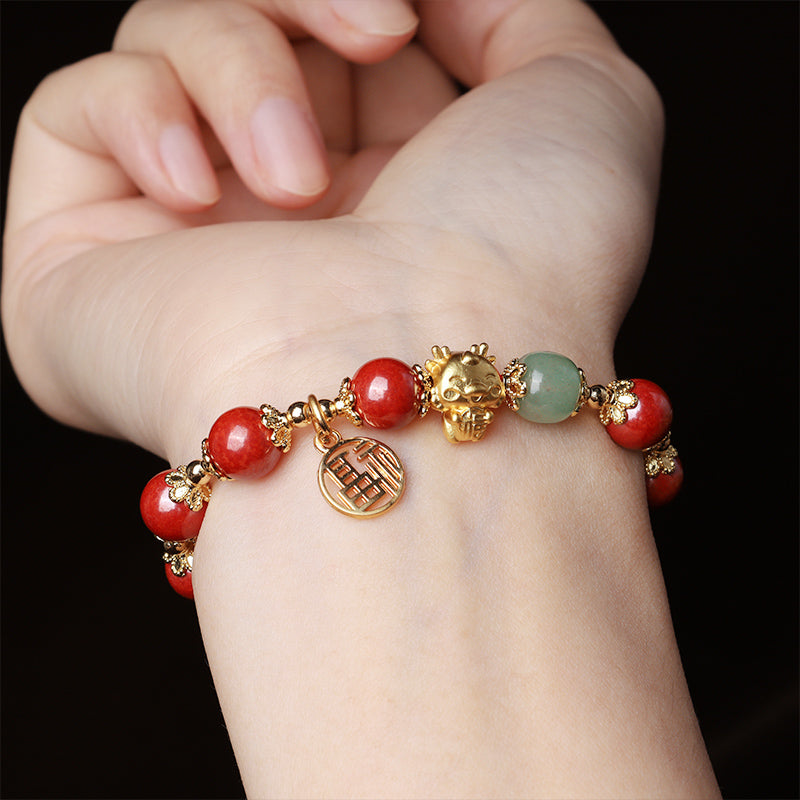Bracelet de bénédiction avec breloque en cinabre naturel de l'année du dragon et des Buddha Stones