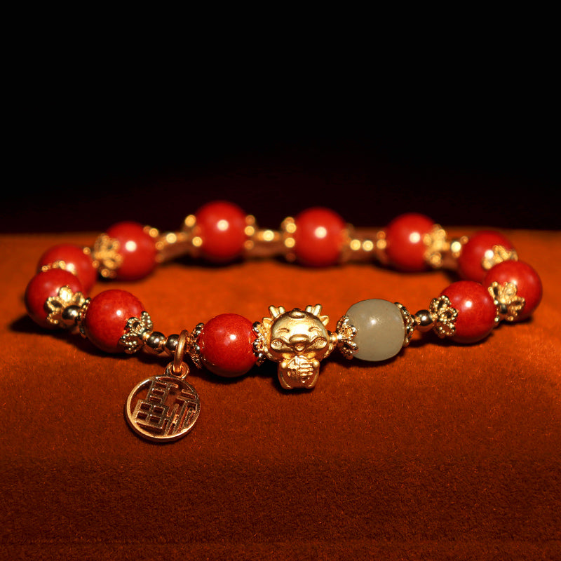 Bracelet de bénédiction avec breloque en cinabre naturel de l'année du dragon et des Buddha Stones