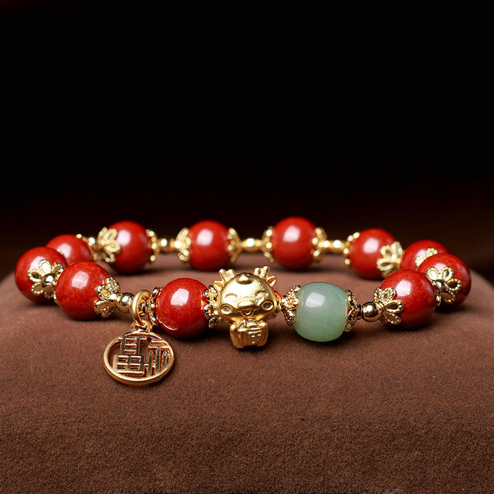 Bracelet de bénédiction avec breloque en cinabre naturel de l'année du dragon et des Buddha Stones