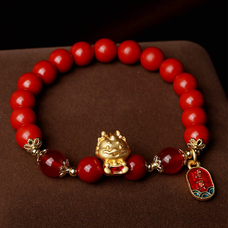 Bracelet de protection en lingot de cinabre naturel Buddha Stones Année du Dragon