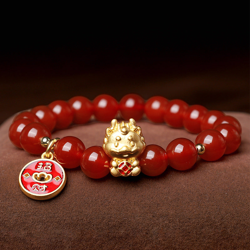 Bracelet d'attraction de fortune en cuivre et agate rouge naturelle de Buddha Stones Année du Dragon