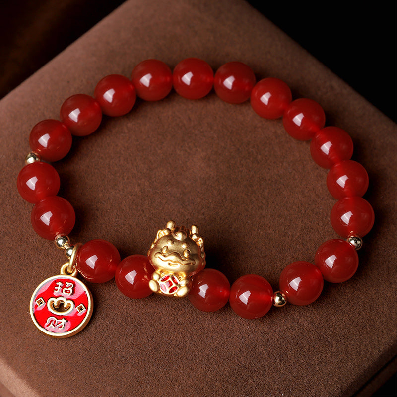 Bracelet d'attraction de fortune en cuivre et agate rouge naturelle de Buddha Stones Année du Dragon