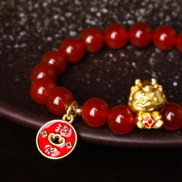 Bracelet d'attraction de fortune en cuivre et agate rouge naturelle de Buddha Stones Année du Dragon