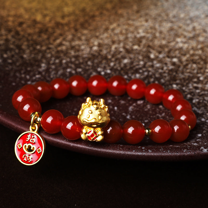 Bracelet d'attraction de fortune en cuivre et agate rouge naturelle de Buddha Stones Année du Dragon