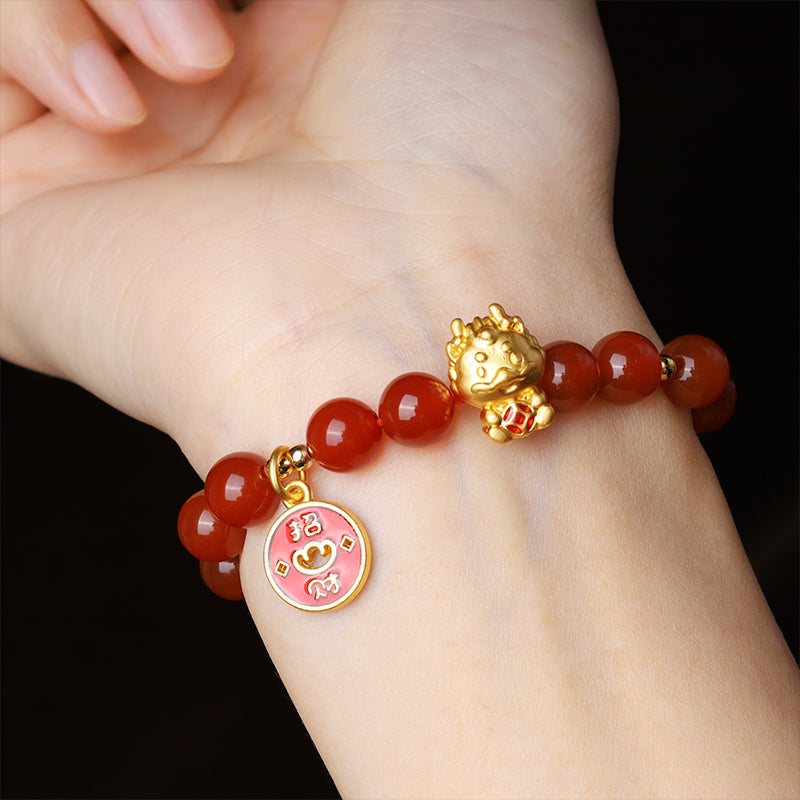 Bracelet d'attraction de fortune en cuivre et agate rouge naturelle de Buddha Stones Année du Dragon