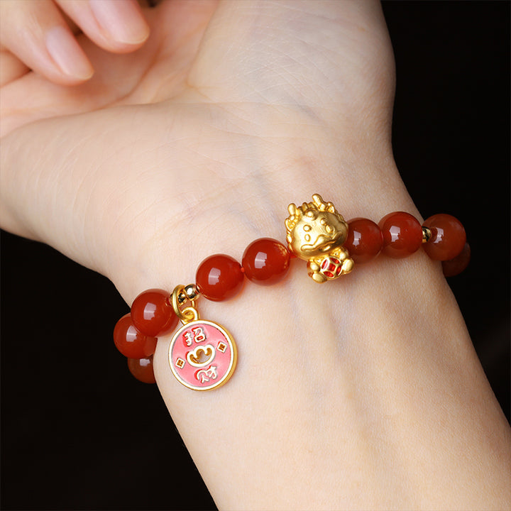 Bracelet d'attraction de fortune en cuivre et agate rouge naturelle de Buddha Stones Année du Dragon