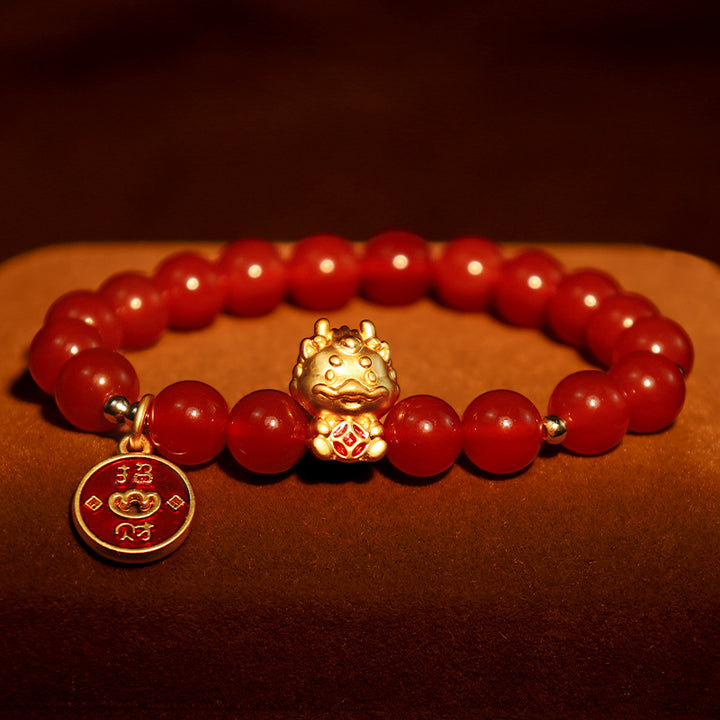 Bracelet d'attraction de fortune en cuivre et agate rouge naturelle de Buddha Stones Année du Dragon