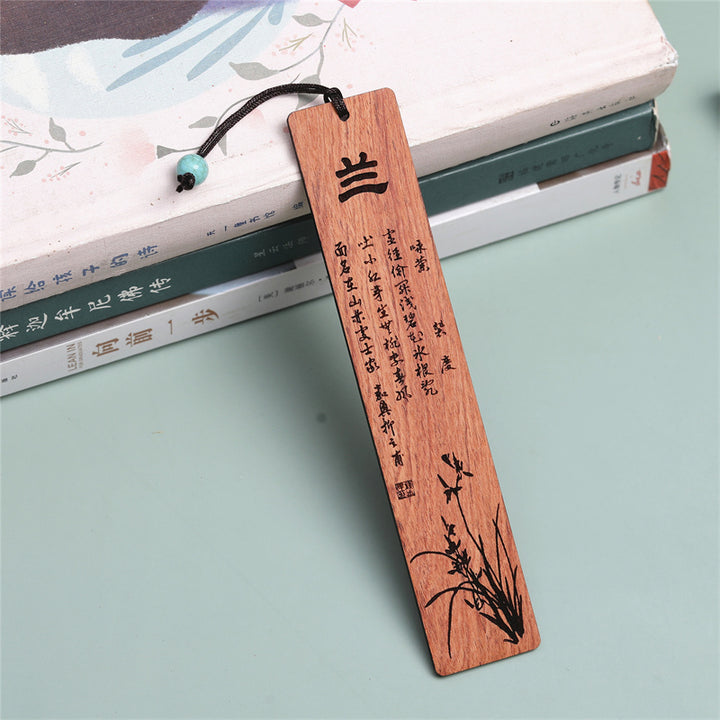 Marque-pages en bois de chrysanthème et de bambou avec Buddha Stones et orchidée prune avec boîte cadeau