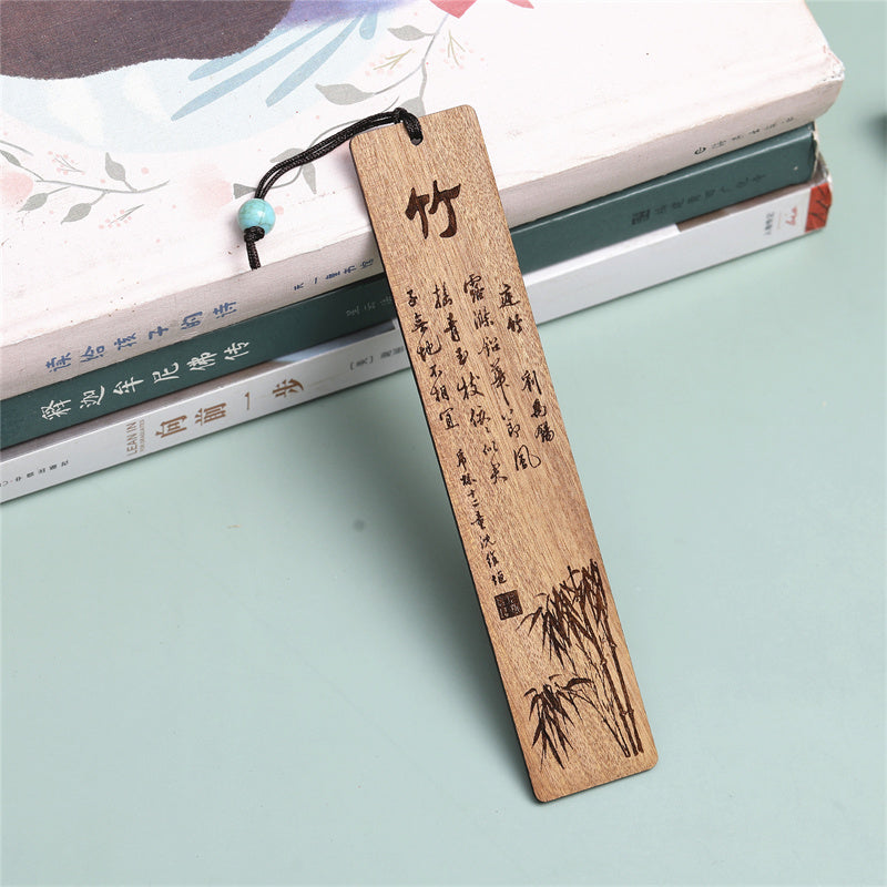 Marque-pages en bois de chrysanthème et de bambou avec Buddha Stones et orchidée prune avec boîte cadeau