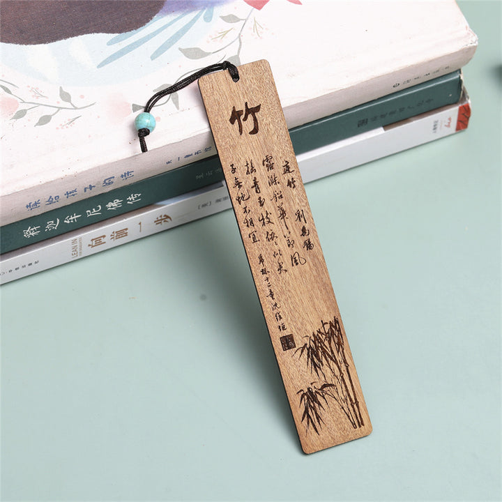 Marque-pages en bois de chrysanthème et de bambou avec Buddha Stones et orchidée prune avec boîte cadeau