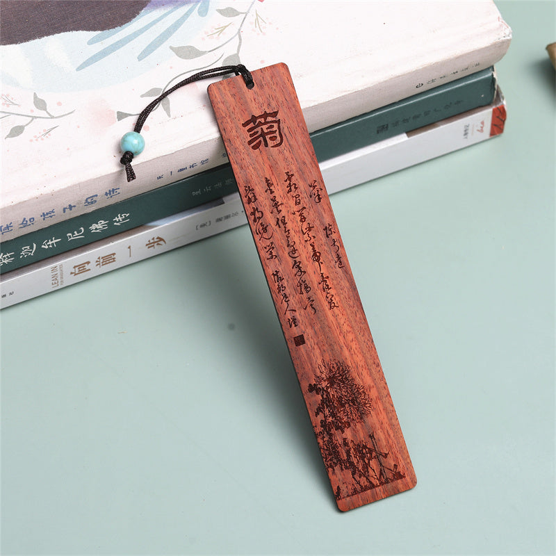 Marque-pages en bois de chrysanthème et de bambou avec Buddha Stones et orchidée prune avec boîte cadeau