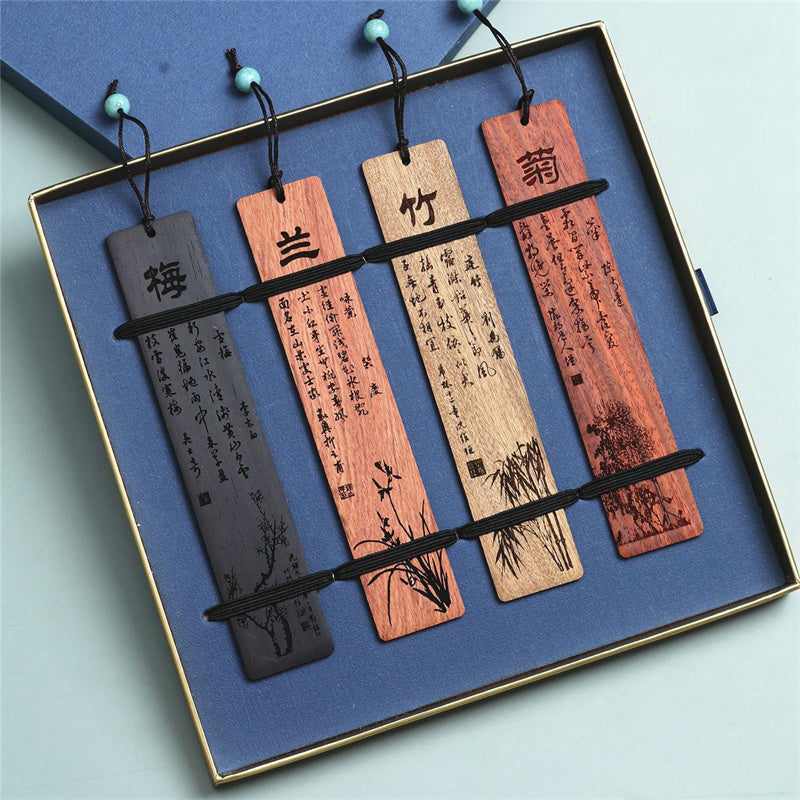 Marque-pages en bois de chrysanthème et de bambou avec Buddha Stones et orchidée prune avec boîte cadeau