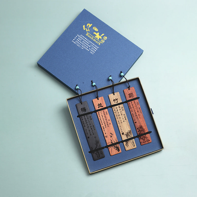 Marque-pages en bois de chrysanthème et de bambou avec Buddha Stones et orchidée prune avec boîte cadeau