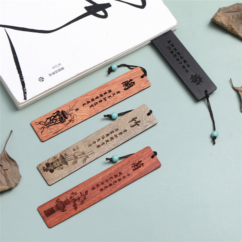 Marque-pages en bois de chrysanthème et de bambou avec Buddha Stones et orchidée prune avec boîte cadeau