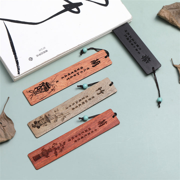 Marque-pages en bois de chrysanthème et de bambou avec Buddha Stones et orchidée prune avec boîte cadeau
