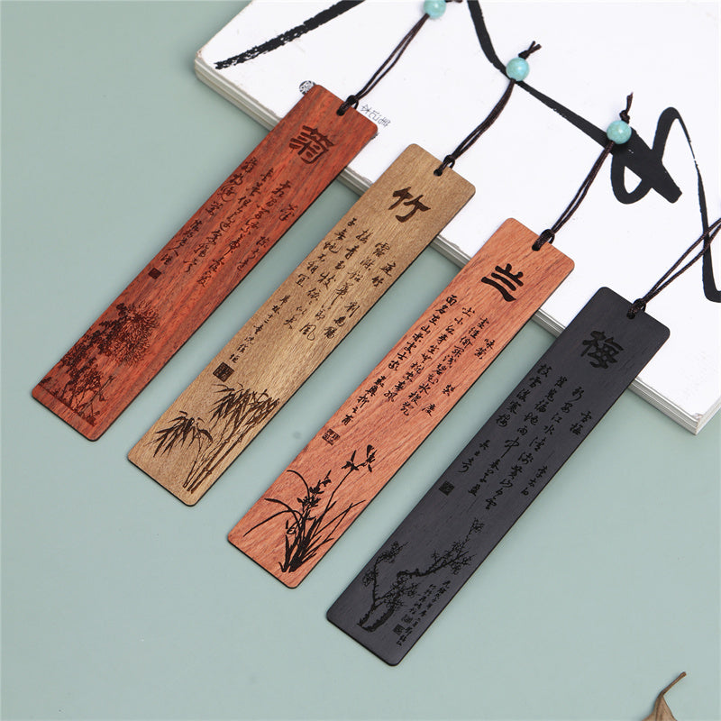 Marque-pages en bois de chrysanthème et de bambou avec Buddha Stones et orchidée prune avec boîte cadeau