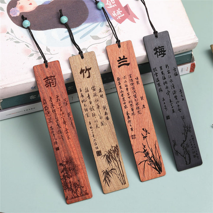 Marque-pages en bois de chrysanthème et de bambou avec Buddha Stones et orchidée prune avec boîte cadeau