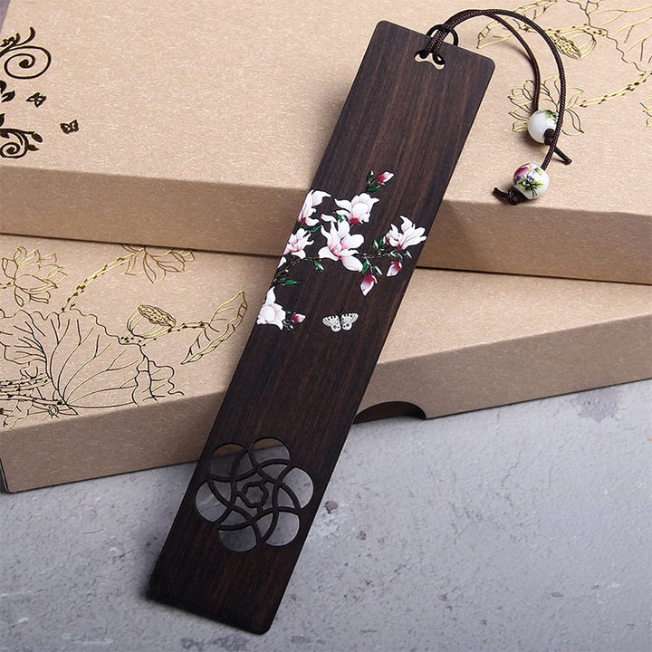 Marque-pages en bois d'ébène avec Buddha Stones, papillon, fleur et boîte cadeau
