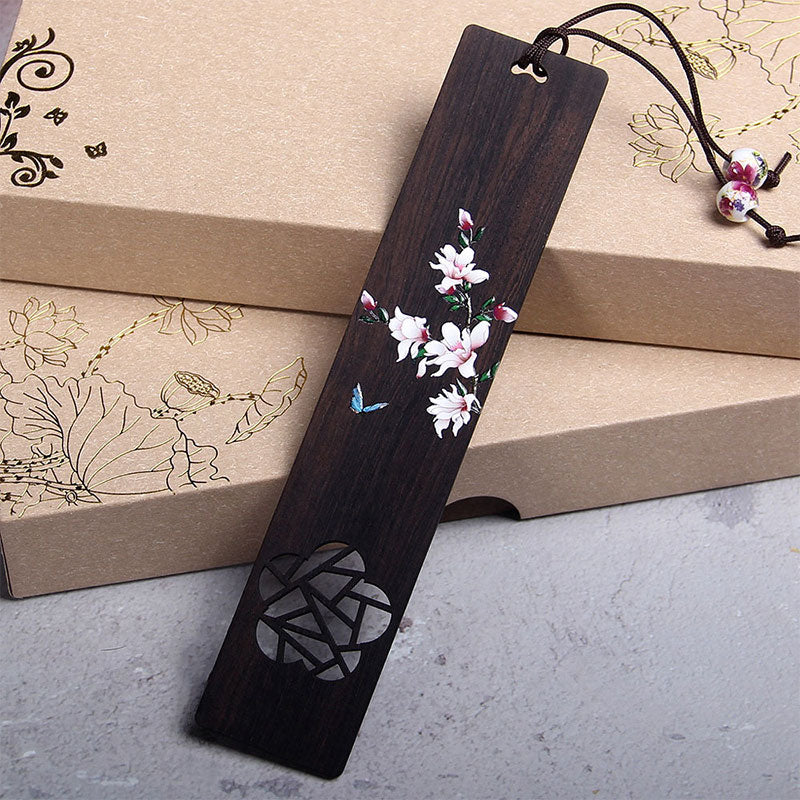 Marque-pages en bois d'ébène avec Buddha Stones, papillon, fleur et boîte cadeau
