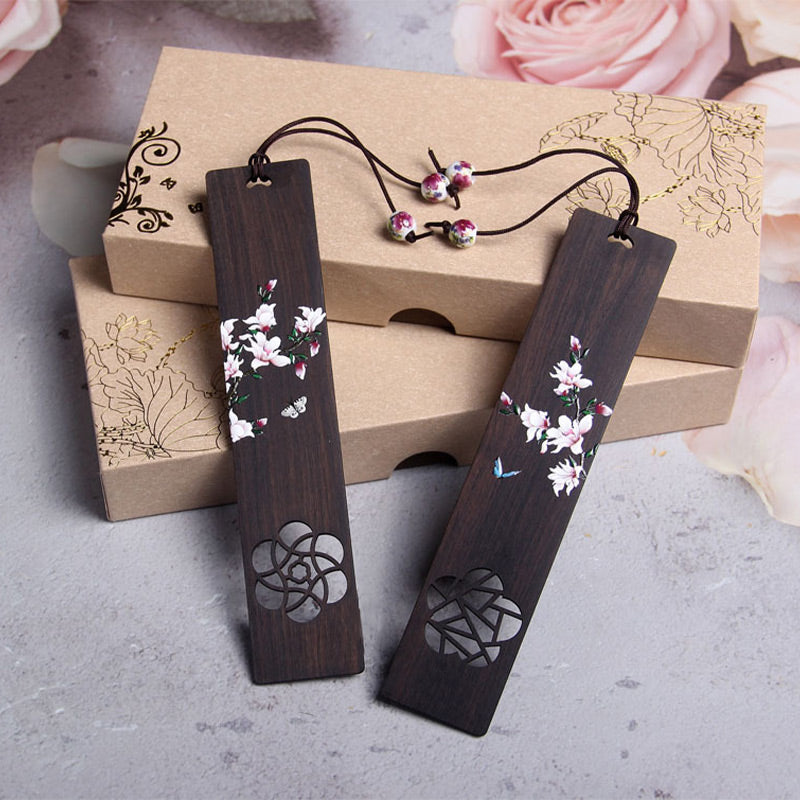 Marque-pages en bois d'ébène avec Buddha Stones, papillon, fleur et boîte cadeau