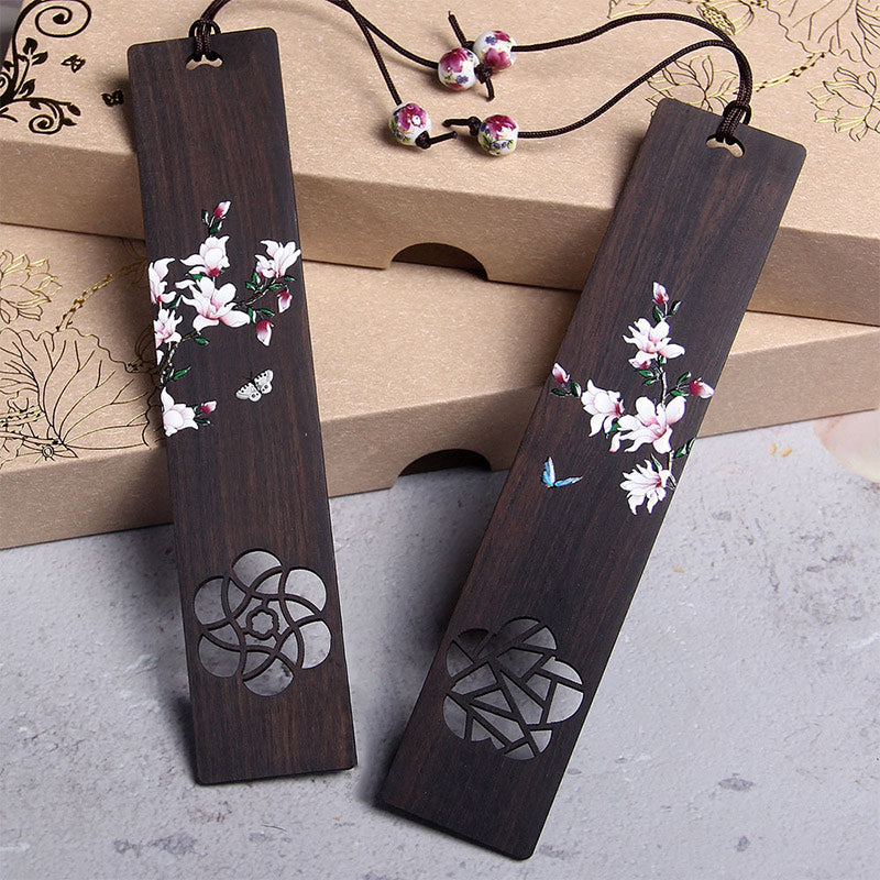 Marque-pages en bois d'ébène avec Buddha Stones, papillon, fleur et boîte cadeau
