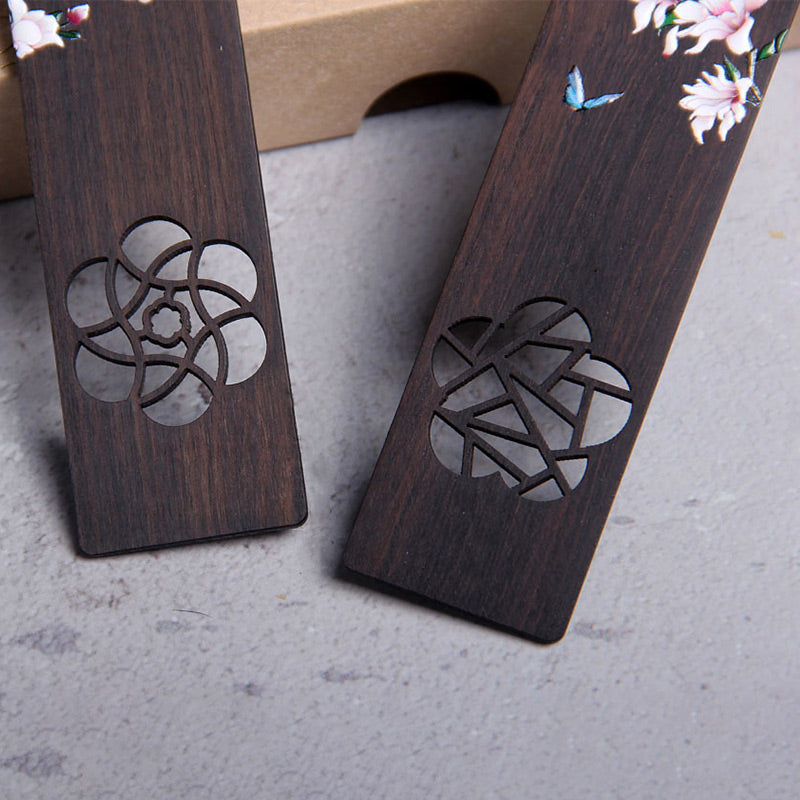 Marque-pages en bois d'ébène avec Buddha Stones, papillon, fleur et boîte cadeau