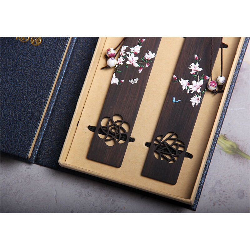 Marque-pages en bois d'ébène avec Buddha Stones, papillon, fleur et boîte cadeau