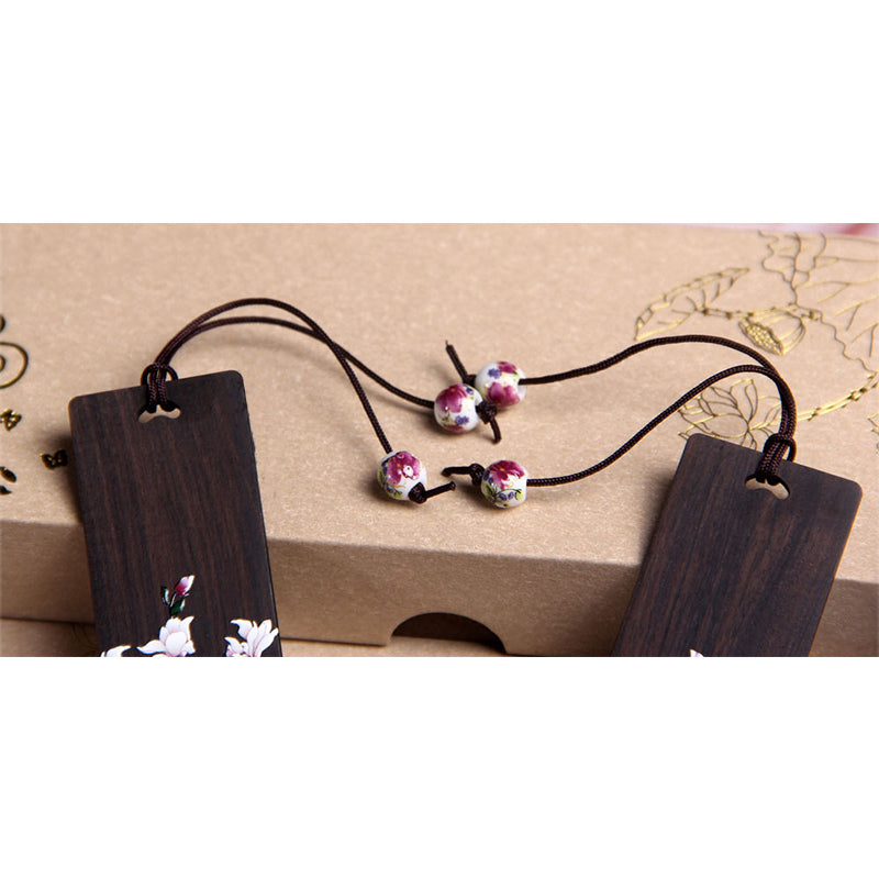 Marque-pages en bois d'ébène avec Buddha Stones, papillon, fleur et boîte cadeau