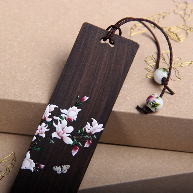 Marque-pages en bois d'ébène avec Buddha Stones, papillon, fleur et boîte cadeau