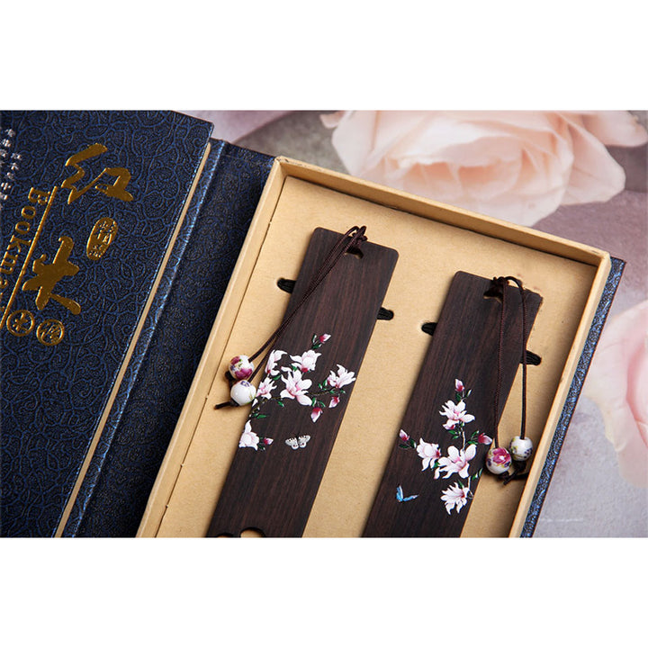 Marque-pages en bois d'ébène avec Buddha Stones, papillon, fleur et boîte cadeau