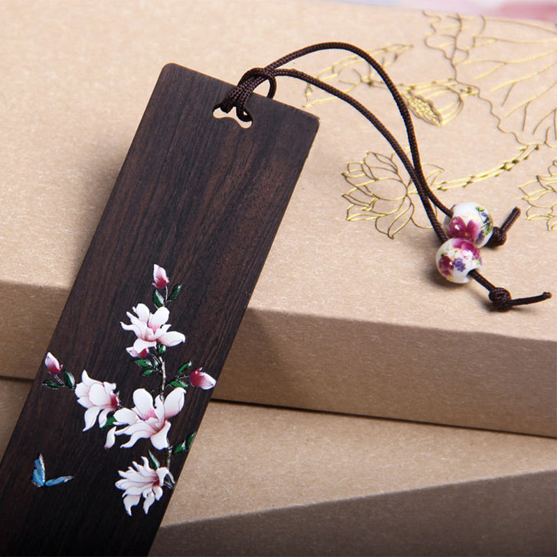 Marque-pages en bois d'ébène avec Buddha Stones, papillon, fleur et boîte cadeau
