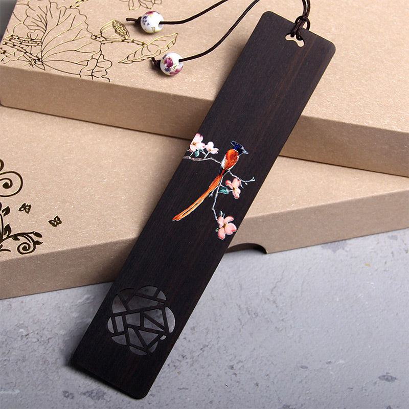 Marque-pages en bois d'ébène Buddha Stones et oiseau Oriole et fleur, avec coffret cadeau
