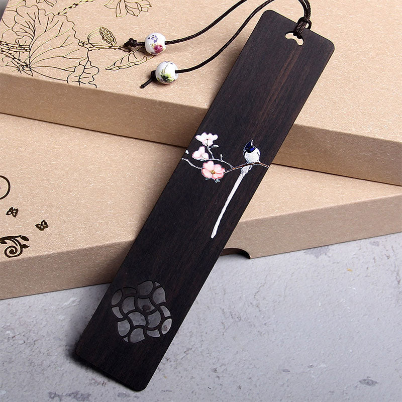Marque-pages en bois d'ébène Buddha Stones et oiseau Oriole et fleur, avec coffret cadeau