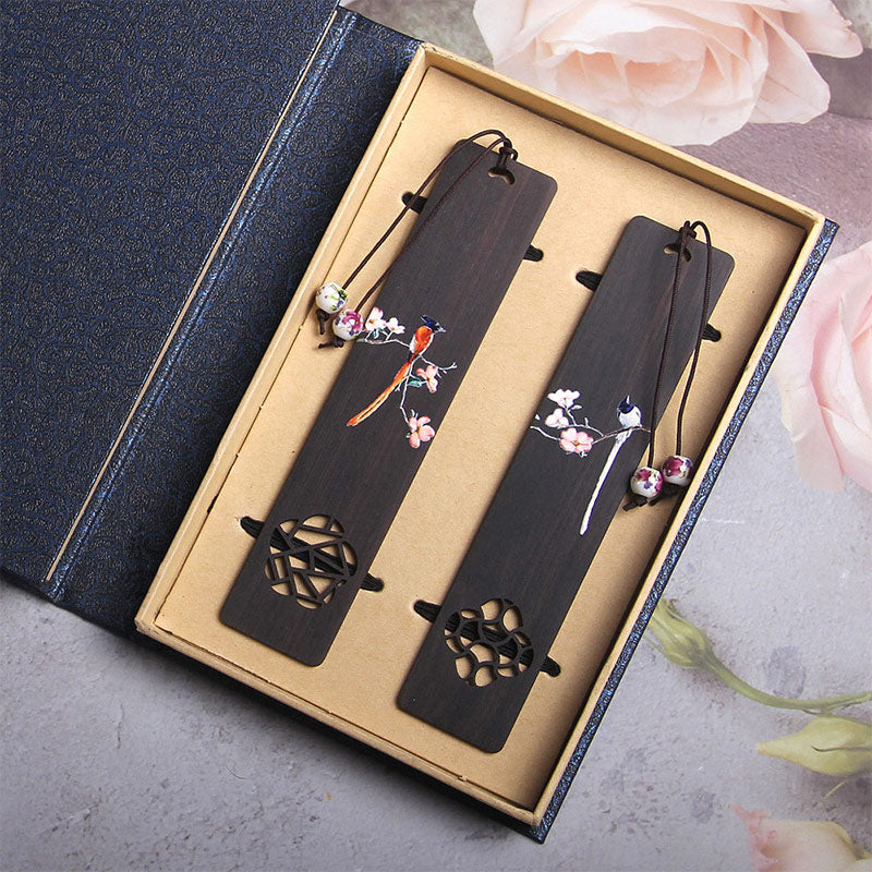 Marque-pages en bois d'ébène Buddha Stones et oiseau Oriole et fleur, avec coffret cadeau